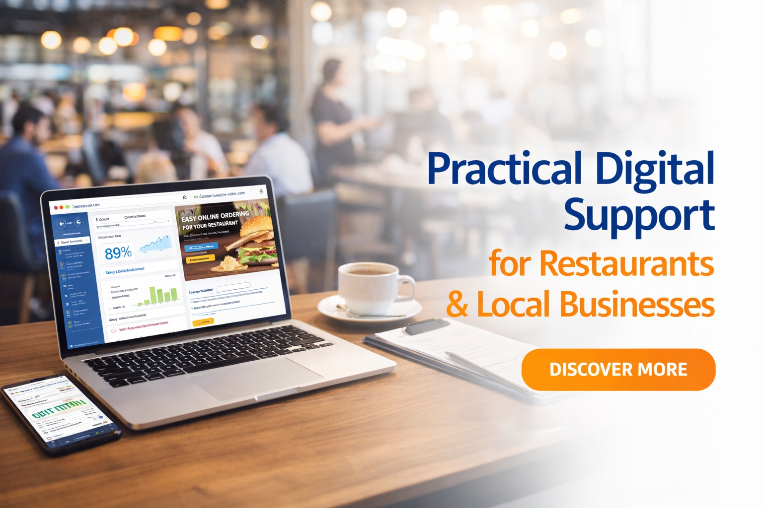 Restaurant dining room prepared for launch-ready digital presentation