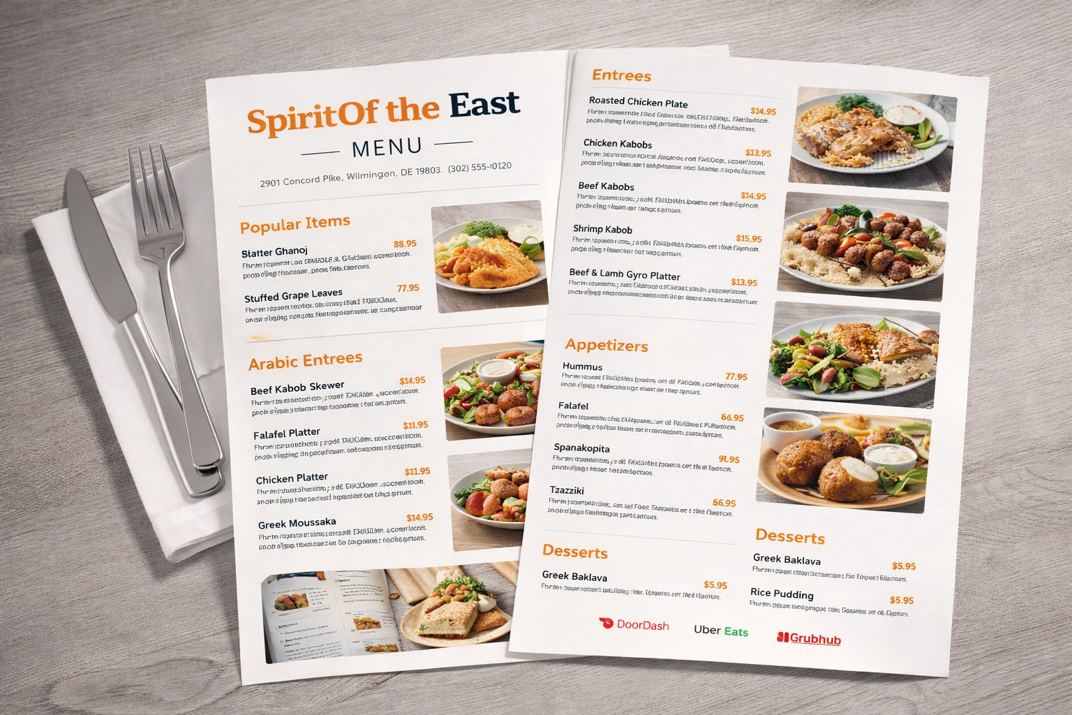 Printable restaurant menu example